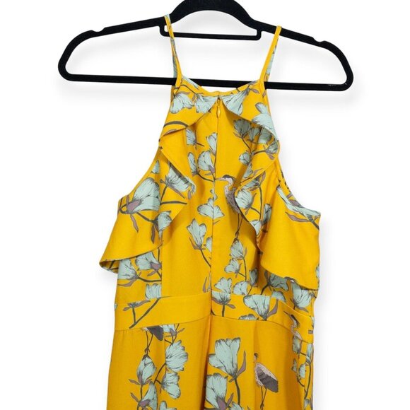 Anthropologie Varun Bahl Warbler yellow ruffle trim jumpsuit SZ 8 Heron Print - Picture 10 of 10